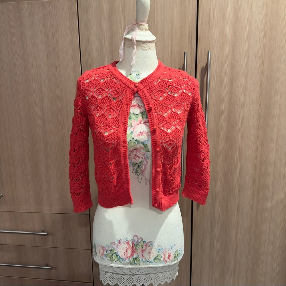 Topshop PETITE Red Crocheted Cardigan